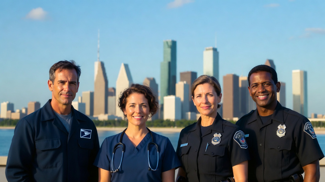 Houston federal employees, including a mail carrier, nurse, airport security officer and port officer, in front of the Houston skyline
