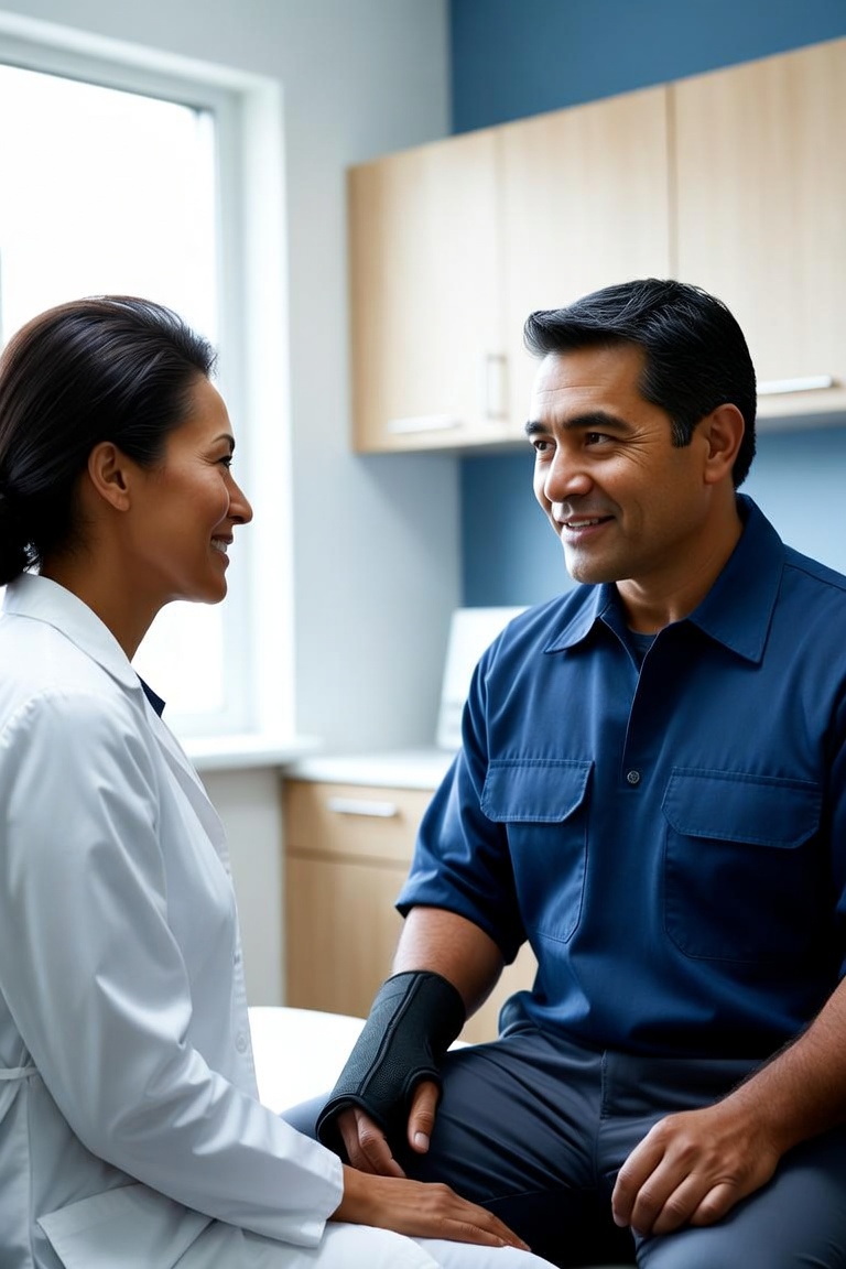 Houston doctor consulting with an injured federal employee wearing a wrist brace in an exam room