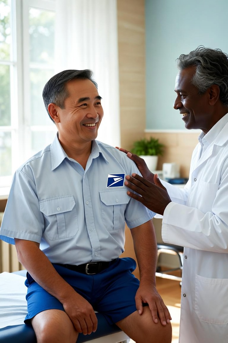 Injured USPS letter carrier being examined by a DOL doctor